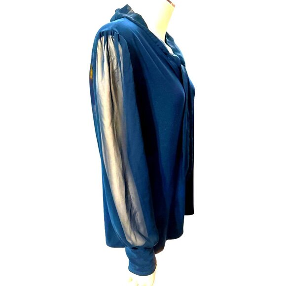 Adele May Navy Blouse Large Sheer Sleeve Tie Neck Keyhole Romantic Soft Glam - Picture 6 of 10